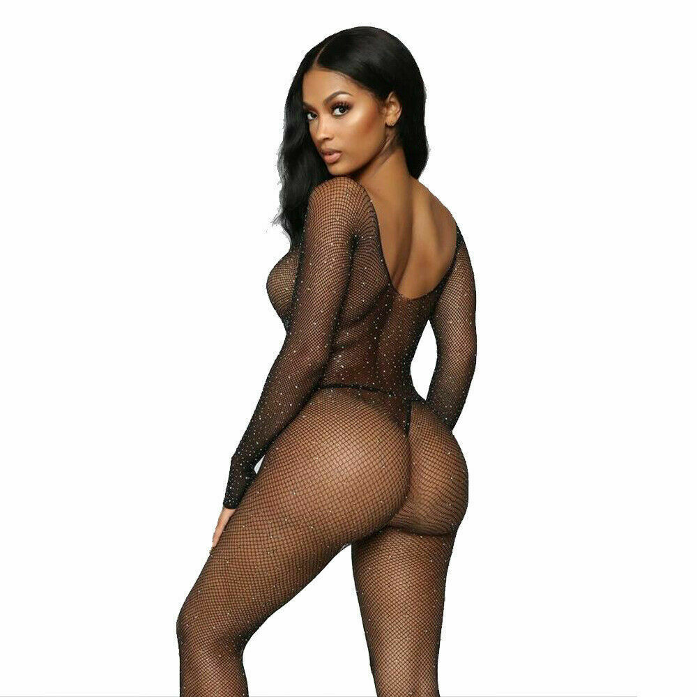 Sexy Sparkly Crystal Crotchless Long Sleeve Fishnet Bodystocking - Image 5