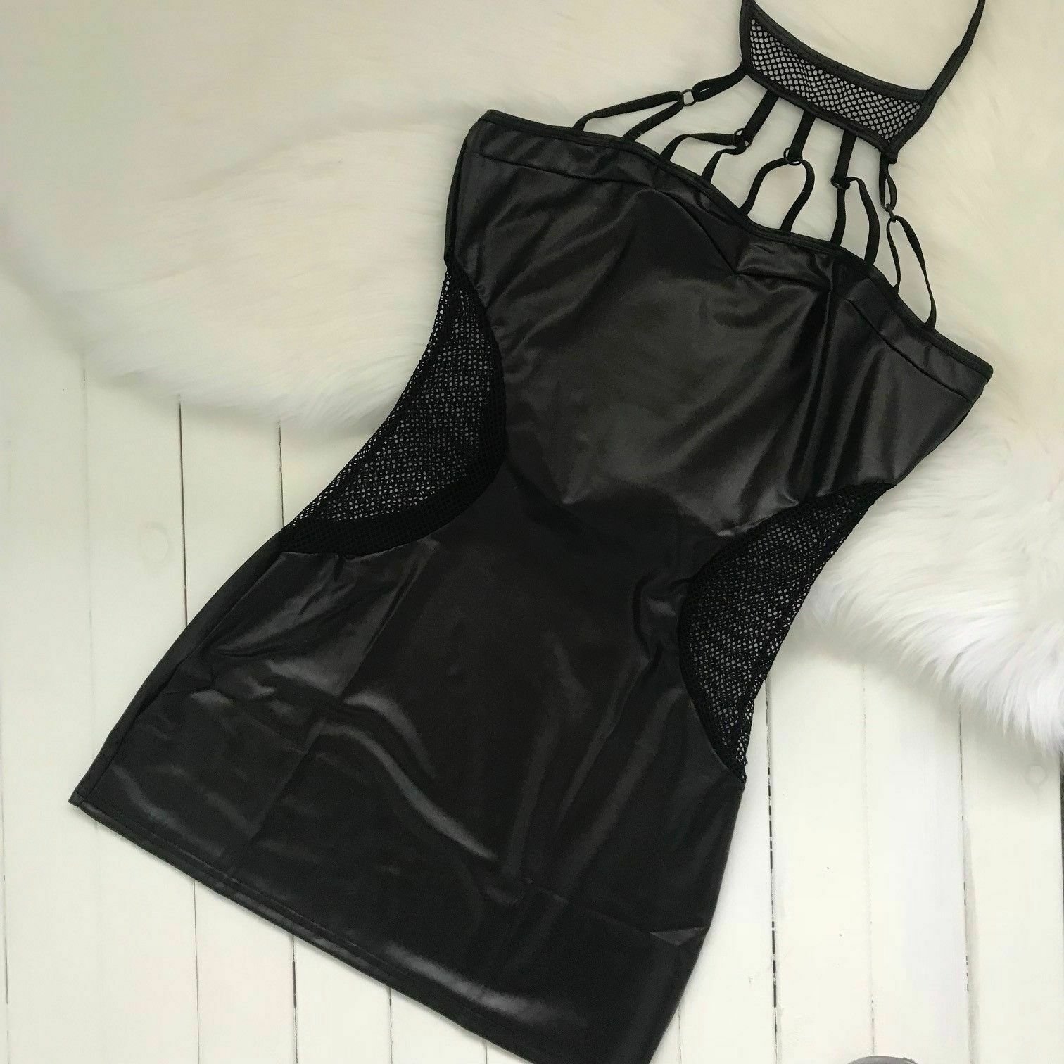 Sexy Faux Leather Mesh Strappy Halter Mini Dress - Image 7
