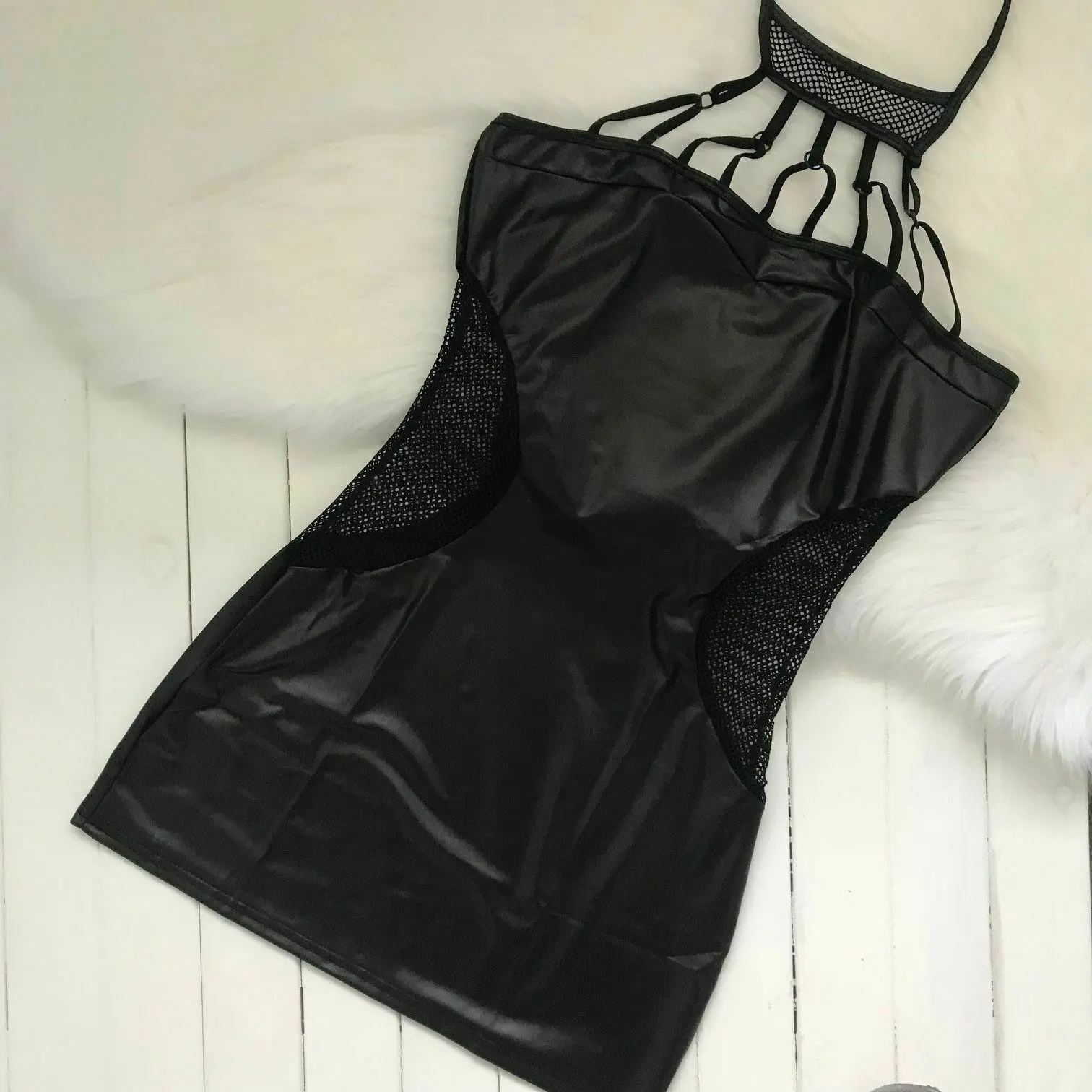 Sexy Faux Leather Mesh Strappy Halter Mini Dress - Image 7