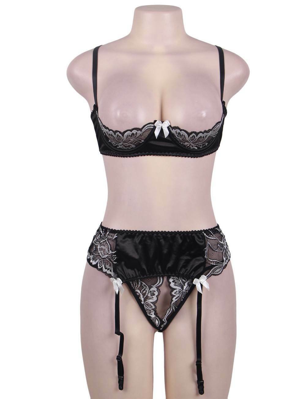Sexy Open Crotch Suspender Quarter Cup Bra Set - Image 6