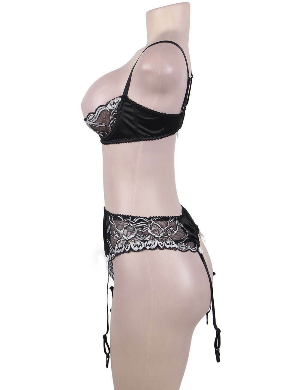Sexy Open Crotch Suspender Quarter Cup Bra Set - Image 8