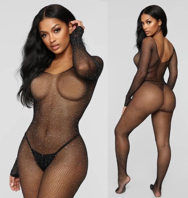 Sexy Sparkly Crystal Crotchless Long Sleeve Fishnet Bodystocking - Image 4