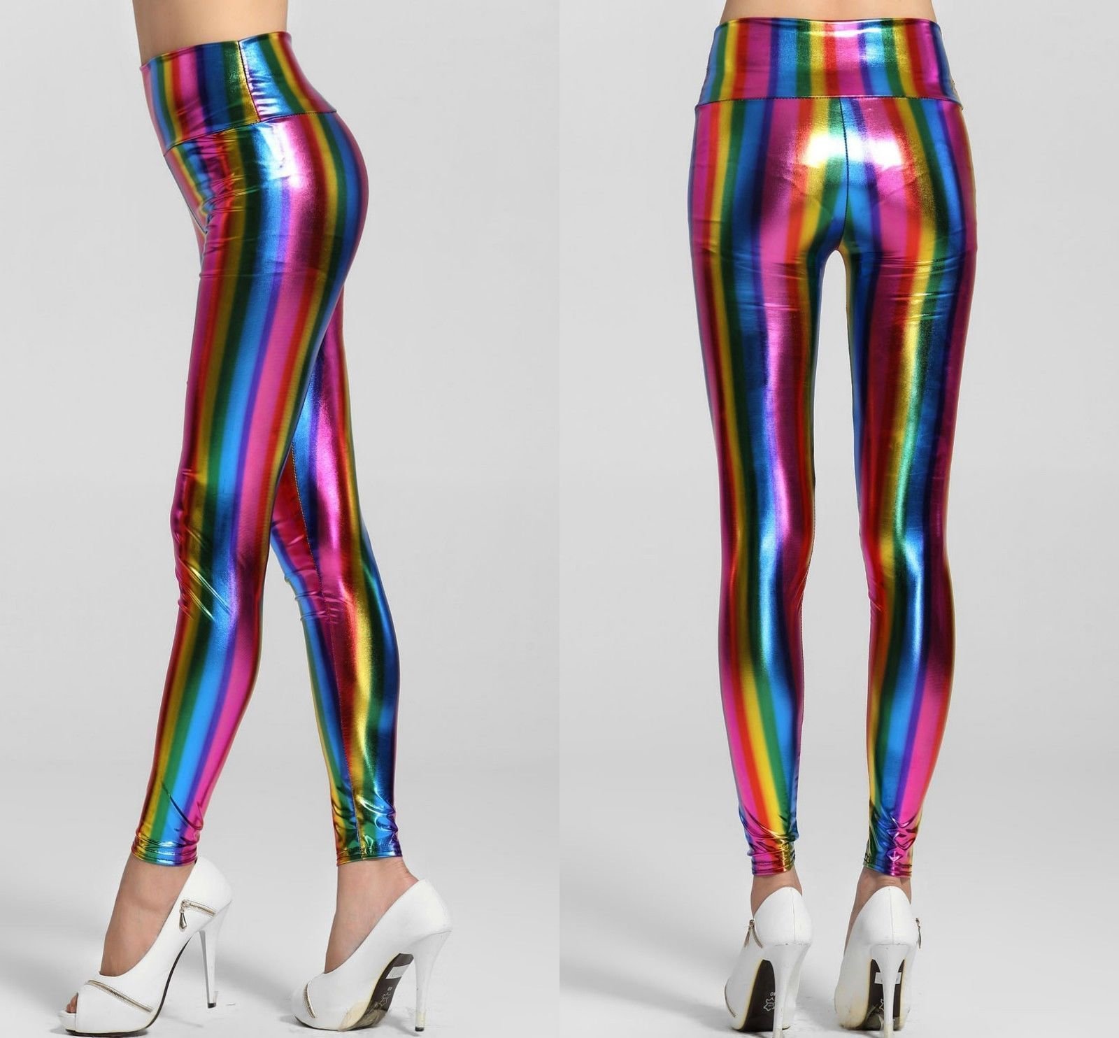 Sexy Wet Look High Waist Shine Rainbow Multi Coloured Stripe Leggings