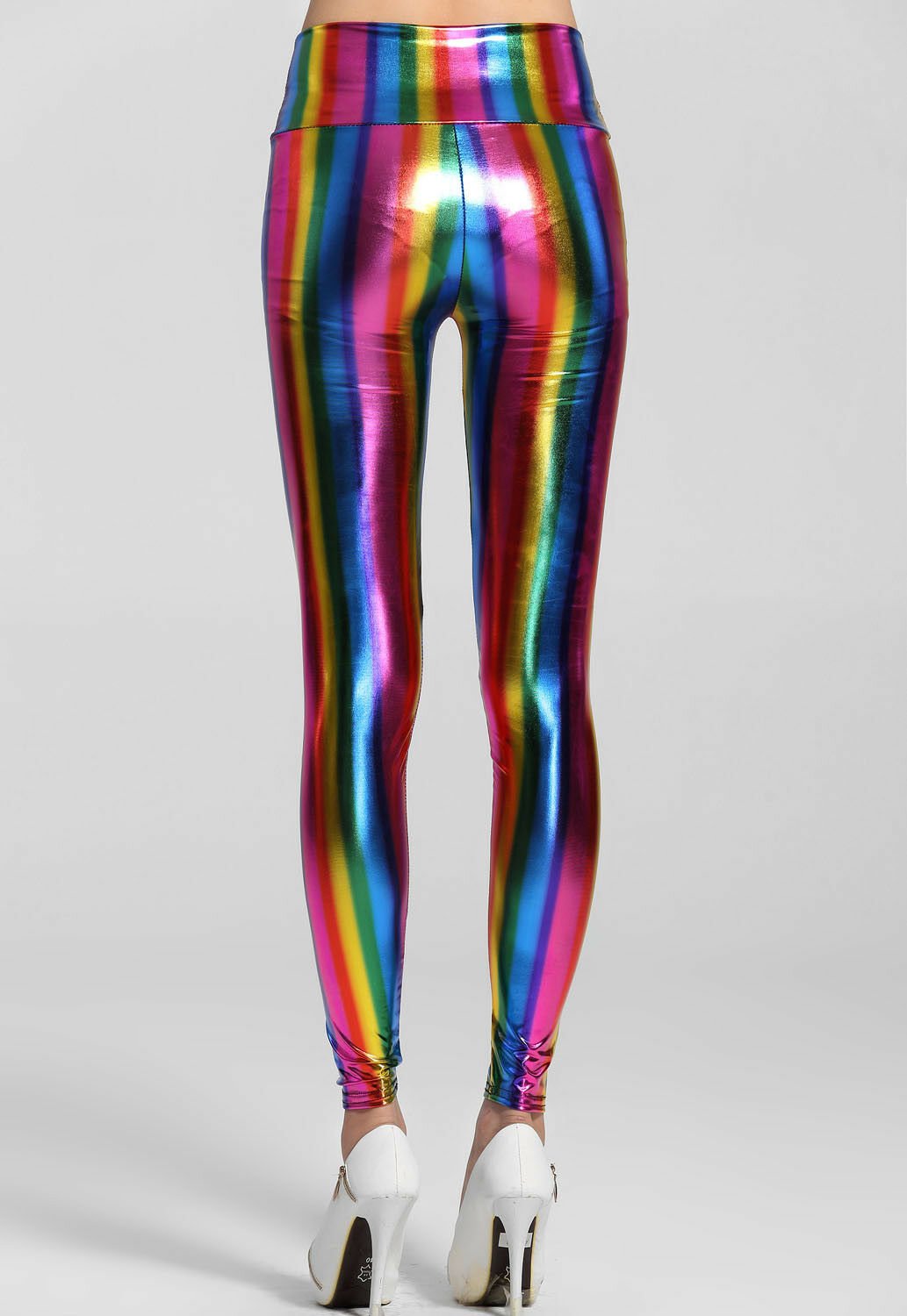 Sexy Wet Look High Waist Shine Rainbow Multi Coloured Stripe Leggings - Image 2