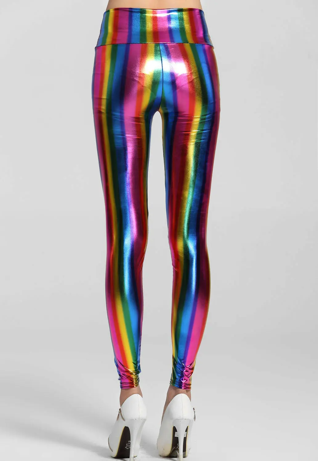 Sexy Wet Look High Waist Shine Rainbow Multi Coloured Stripe Leggings - Image 2
