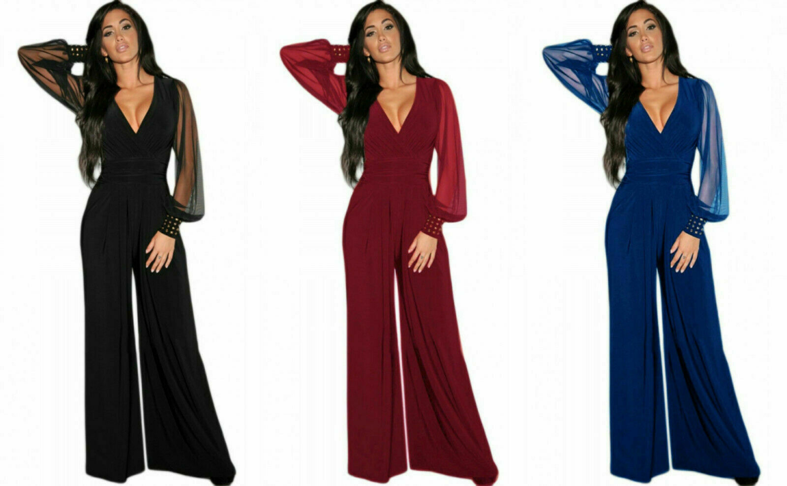 Embellished Cuffs Long Mesh Sleeves V Neck Plunge Jumpsuit