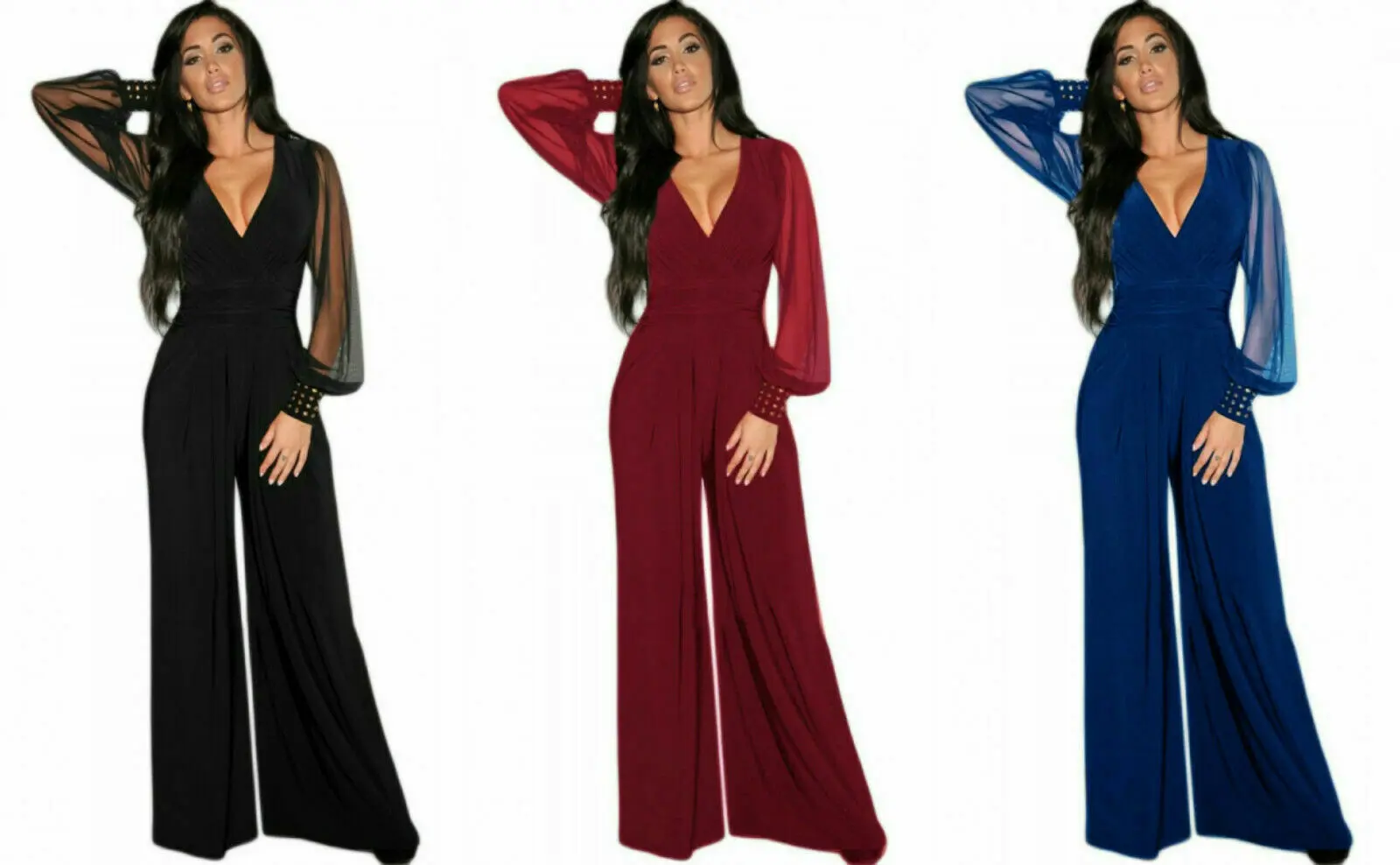 Embellished Cuffs Long Mesh Sleeves V Neck Plunge Jumpsuit