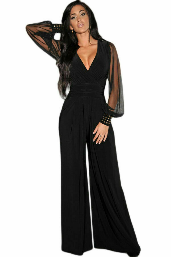 Embellished Cuffs Long Mesh Sleeves V Neck Plunge Jumpsuit - Image 2
