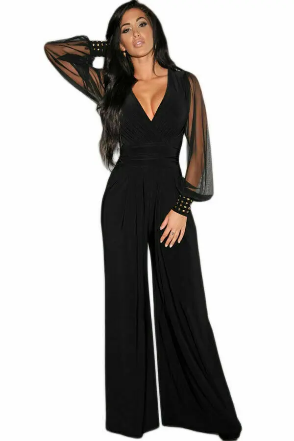 Embellished Cuffs Long Mesh Sleeves V Neck Plunge Jumpsuit - Image 2