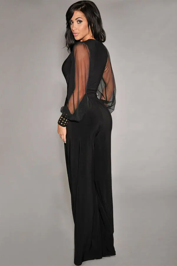Embellished Cuffs Long Mesh Sleeves V Neck Plunge Jumpsuit - Image 3