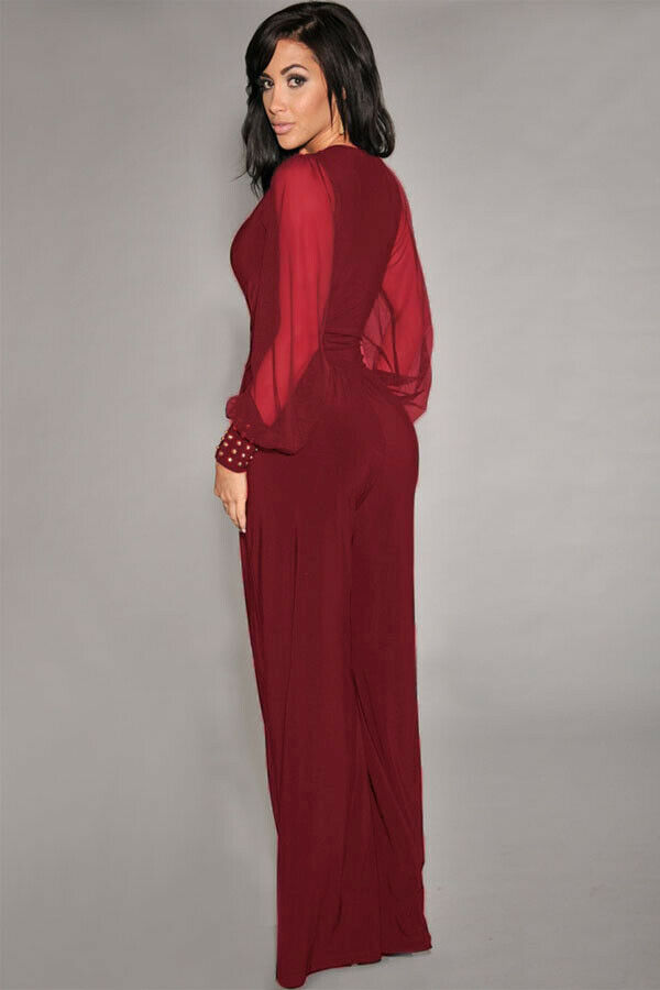 Embellished Cuffs Long Mesh Sleeves V Neck Plunge Jumpsuit - Image 5