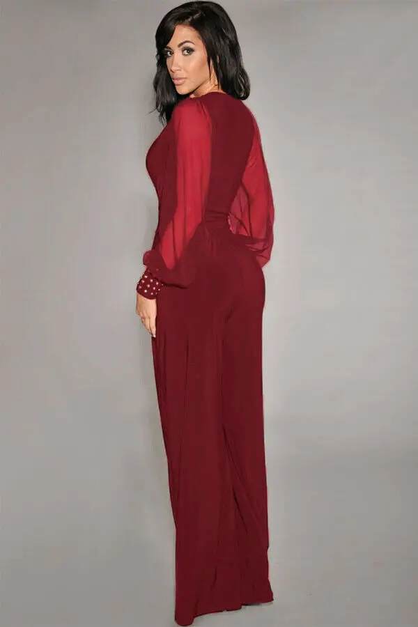 Embellished Cuffs Long Mesh Sleeves V Neck Plunge Jumpsuit - Image 5