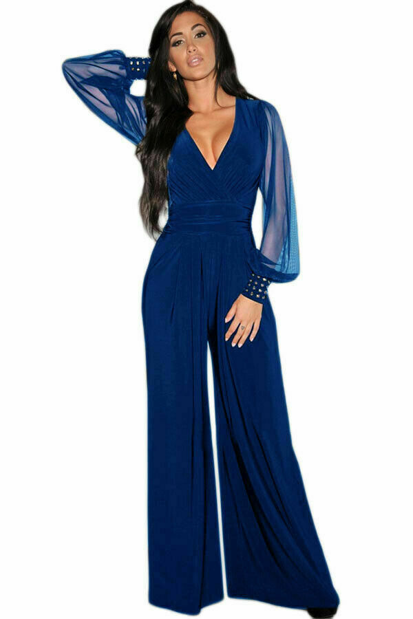 Embellished Cuffs Long Mesh Sleeves V Neck Plunge Jumpsuit - Image 6