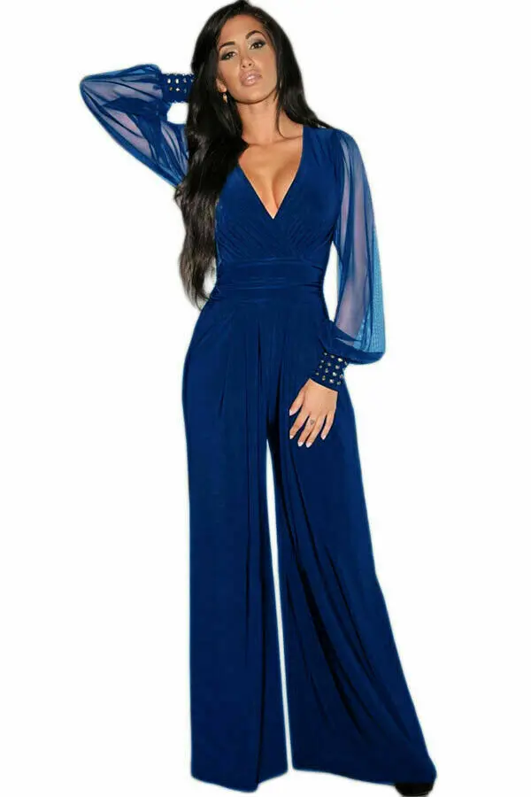 Embellished Cuffs Long Mesh Sleeves V Neck Plunge Jumpsuit - Image 6