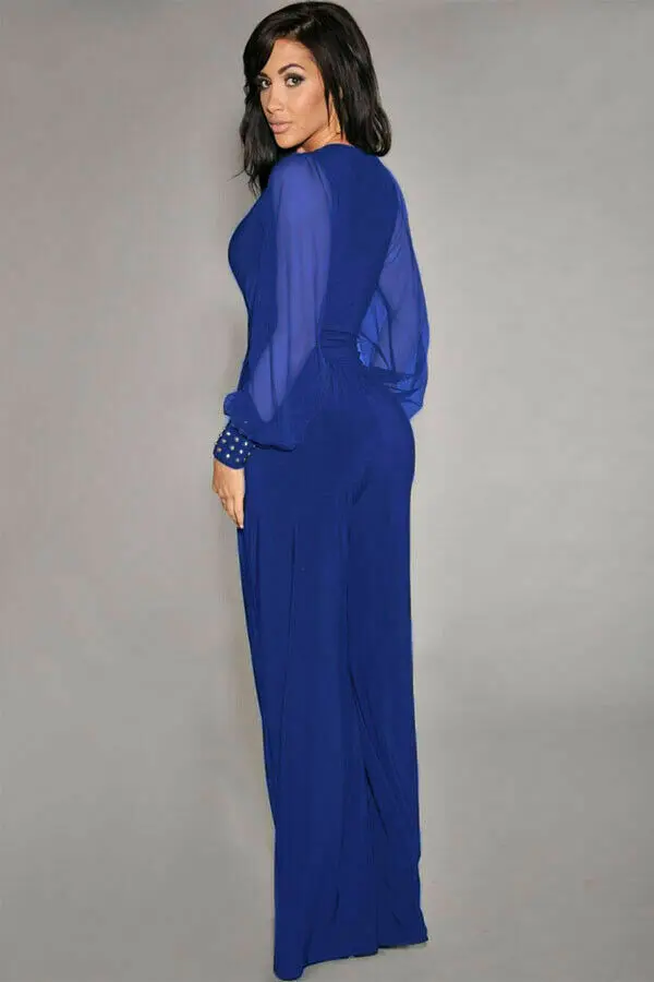 Embellished Cuffs Long Mesh Sleeves V Neck Plunge Jumpsuit - Image 7