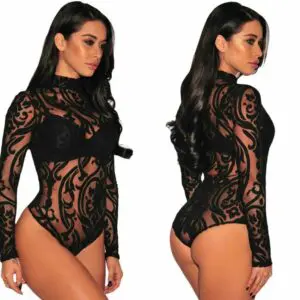 Sexy Sheer Mesh Velvet Printed Fitted Long Sleeve Bodysuit