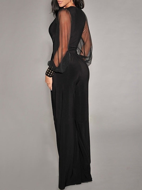 Embellished Cuffs Long Mesh Sleeves V Neck Plunge Jumpsuit - Image 23