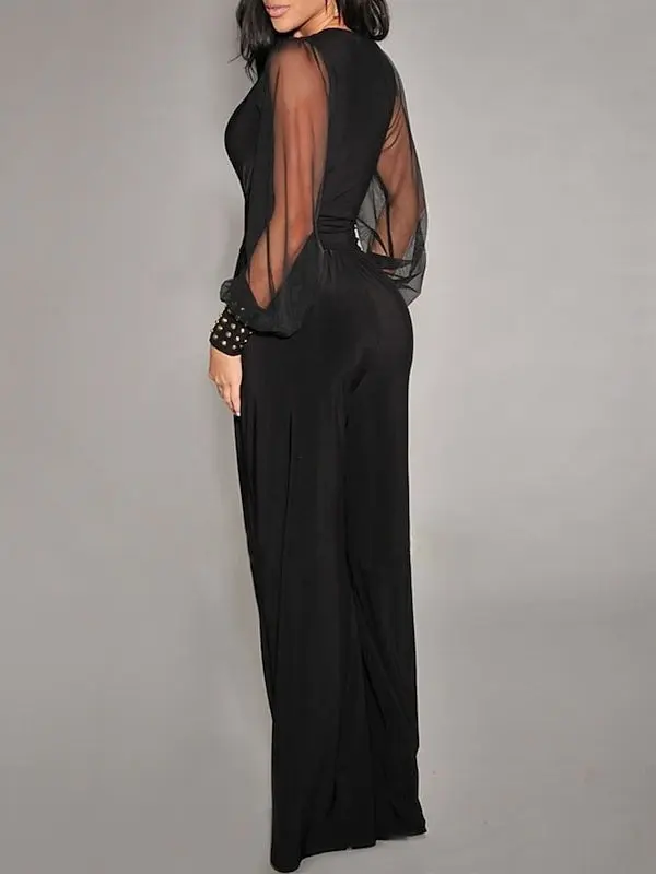 Embellished Cuffs Long Mesh Sleeves V Neck Plunge Jumpsuit - Image 23