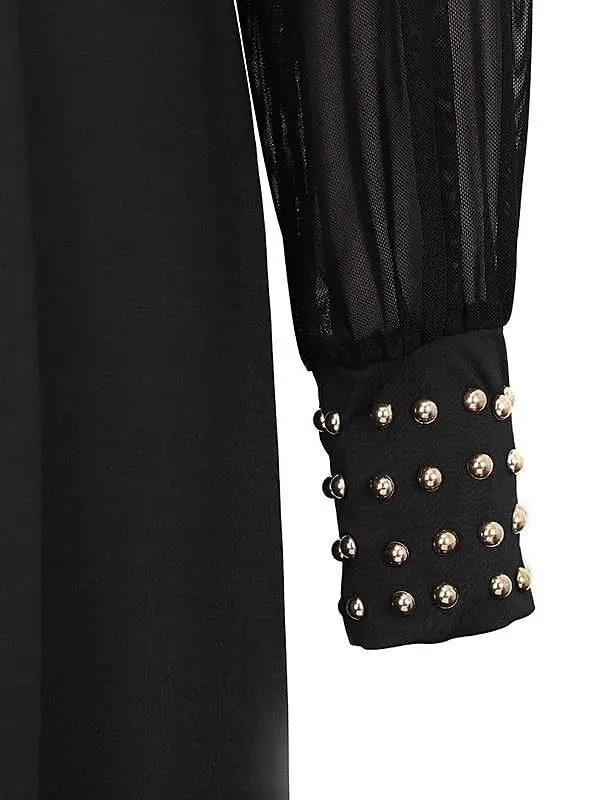 Embellished Cuffs Long Mesh Sleeves V Neck Plunge Jumpsuit - Image 21