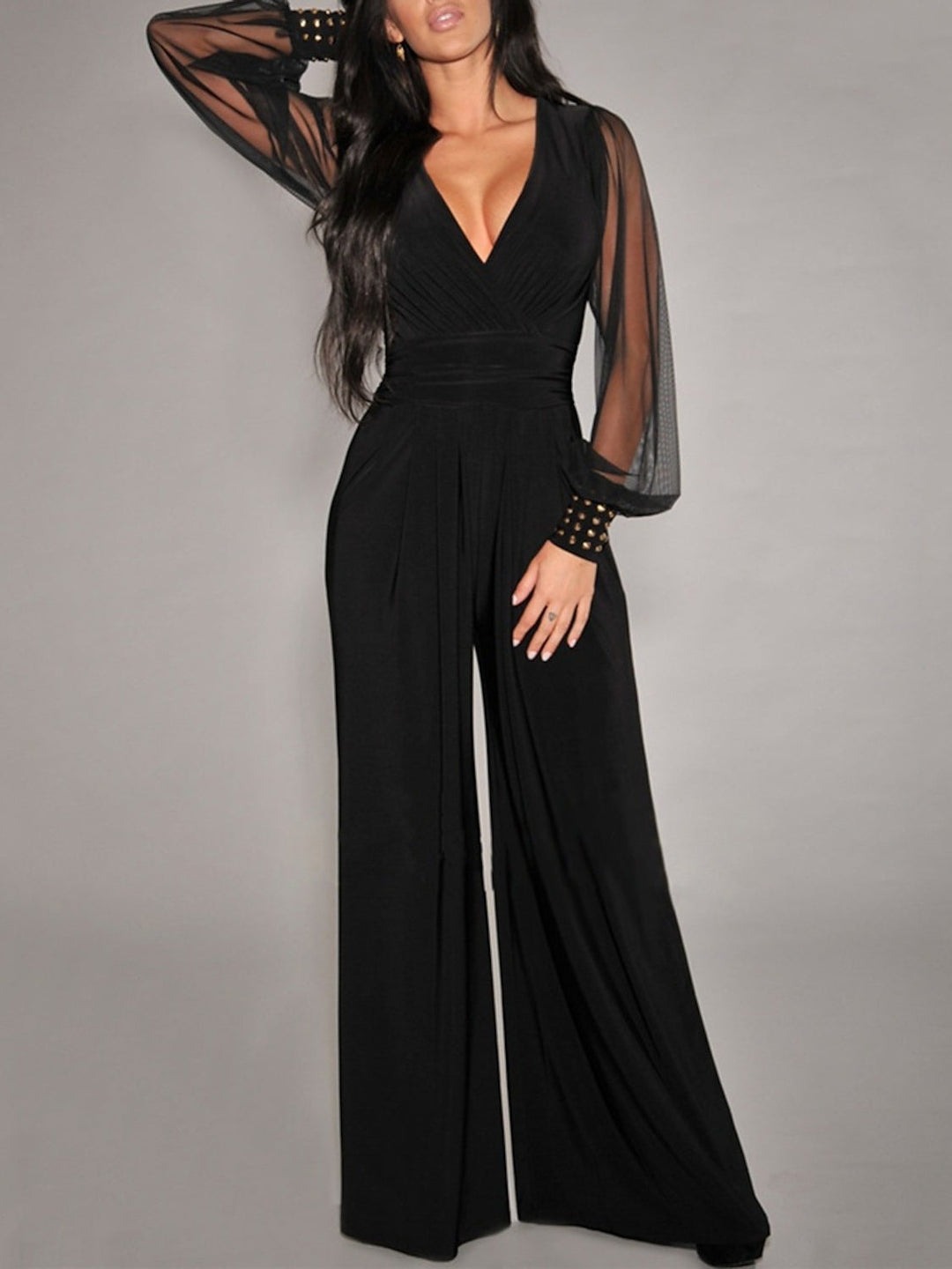 Embellished Cuffs Long Mesh Sleeves V Neck Plunge Jumpsuit - Image 24