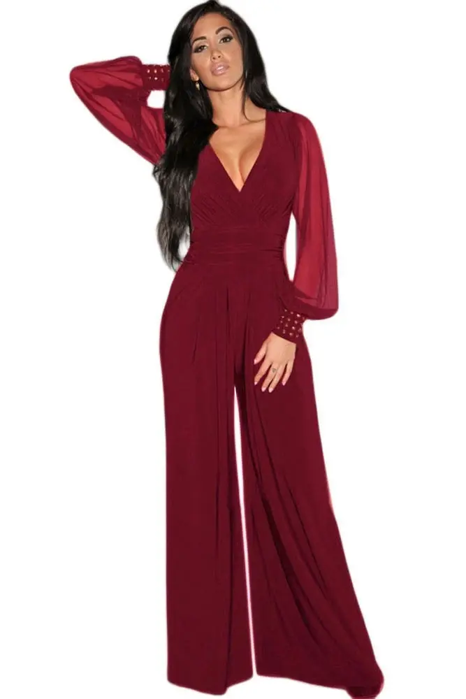 Embellished Cuffs Long Mesh Sleeves V Neck Plunge Jumpsuit - Image 20