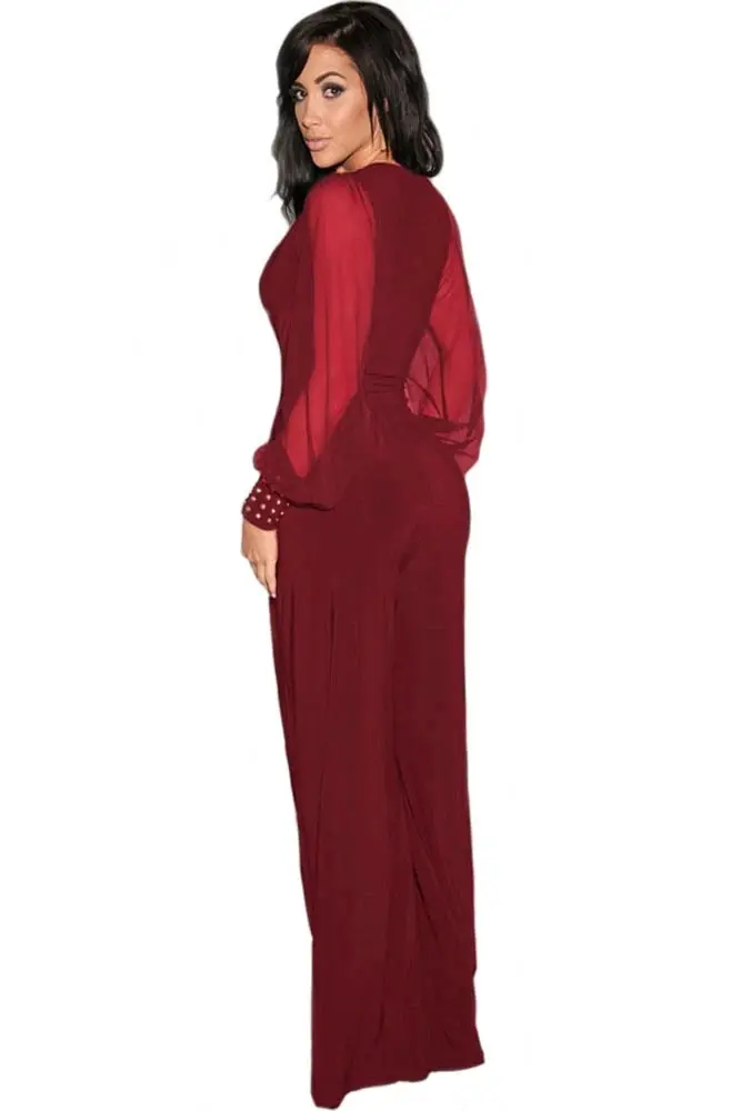 Embellished Cuffs Long Mesh Sleeves V Neck Plunge Jumpsuit - Image 19