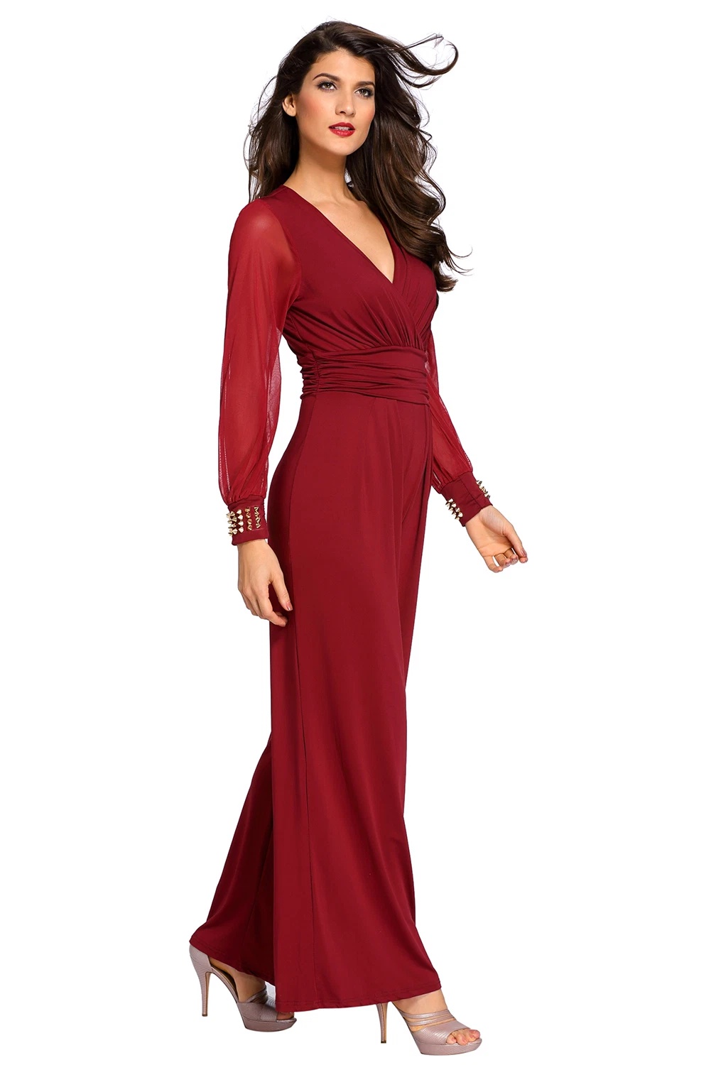 Embellished Cuffs Long Mesh Sleeves V Neck Plunge Jumpsuit - Image 17