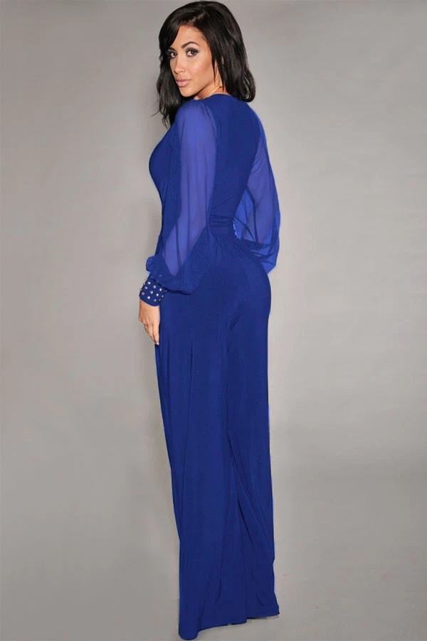 Embellished Cuffs Long Mesh Sleeves V Neck Plunge Jumpsuit - Image 14