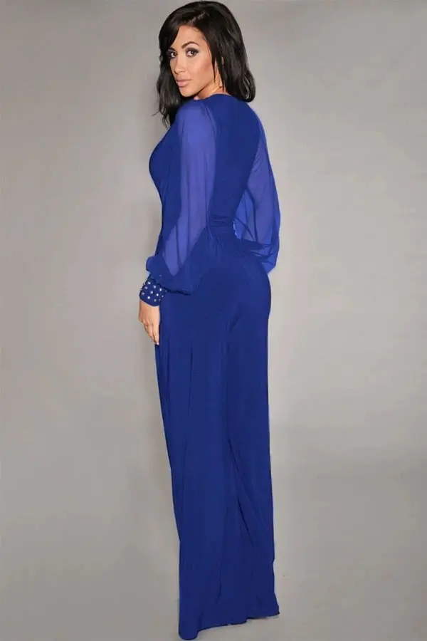 Embellished Cuffs Long Mesh Sleeves V Neck Plunge Jumpsuit - Image 14