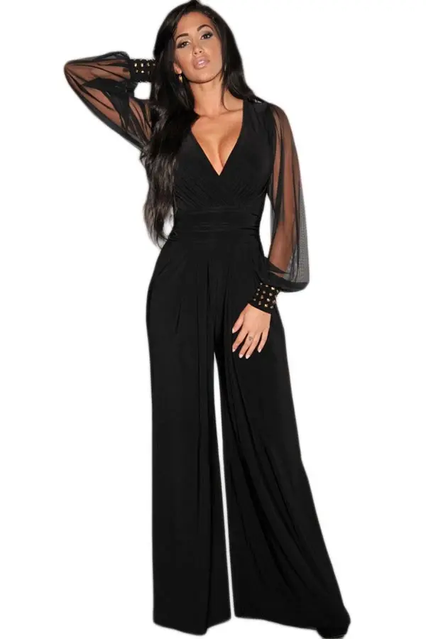 Embellished Cuffs Long Mesh Sleeves V Neck Plunge Jumpsuit - Image 13