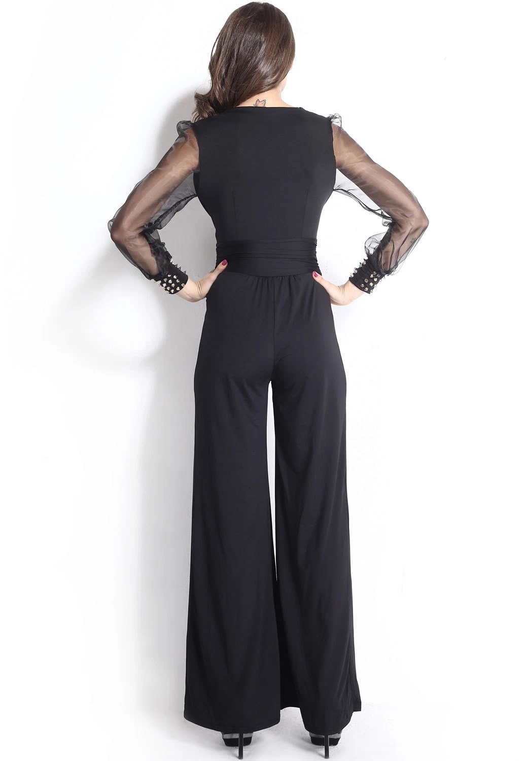 Embellished Cuffs Long Mesh Sleeves V Neck Plunge Jumpsuit - Image 11