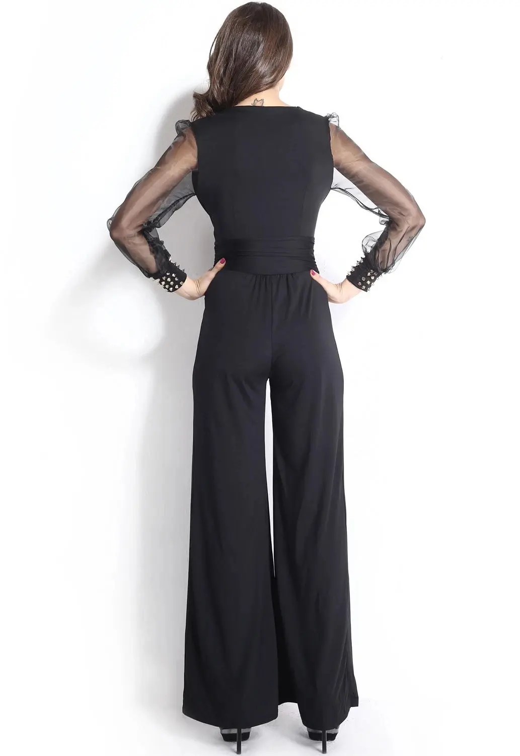 Embellished Cuffs Long Mesh Sleeves V Neck Plunge Jumpsuit - Image 11