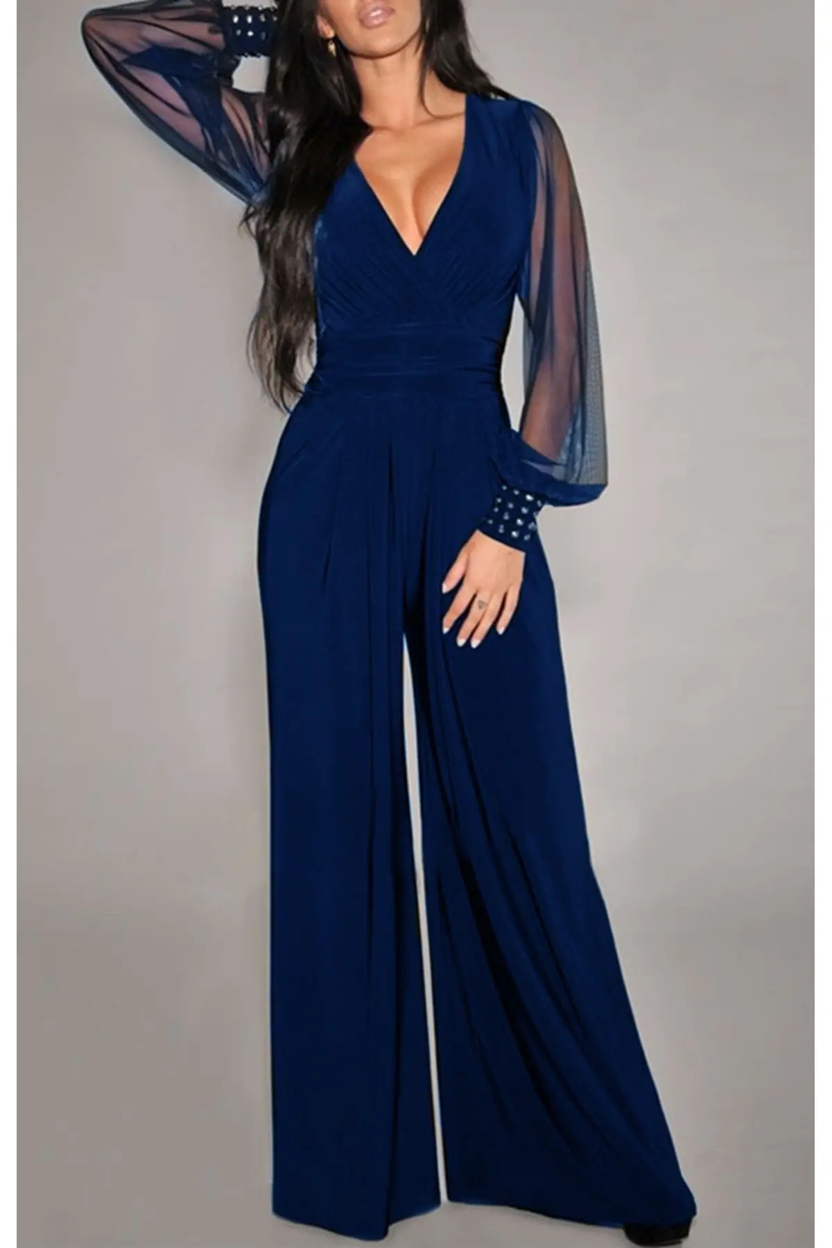 Embellished Cuffs Long Mesh Sleeves V Neck Plunge Jumpsuit - Image 8