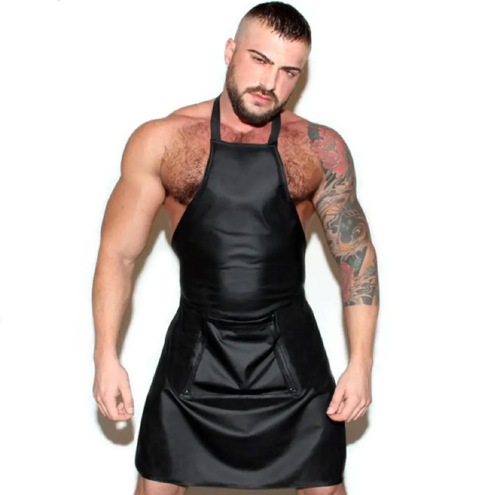 Sexy Men's Faux Leather Zip Open Crotch Fetish Apron - Image 2