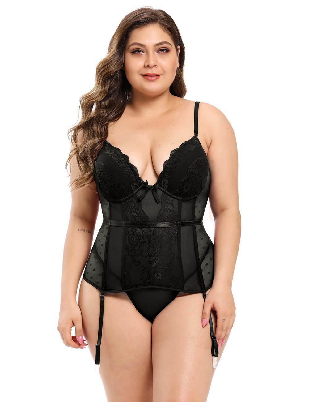 Sexy Black Lace & Heart Mesh Boned Corset Body Shaper - Image 3