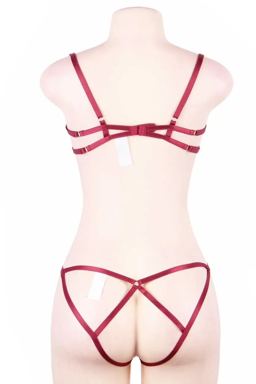 Sexy Black Red Lace Bra & Open Crotch Thong Set - Image 6