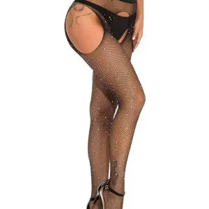 Sexy Black Crotchless Sparkly Rhinestone Fishnet Cut Out Open Butt Tights
