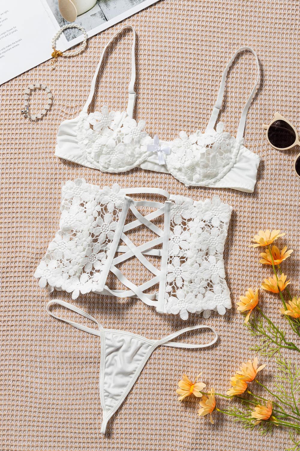 White Embroidered Lace Bra & Waist Cincher Set - Image 5