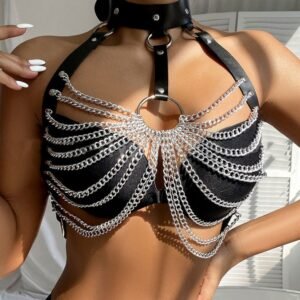 Sexy black leather chest punk bondage chain harness