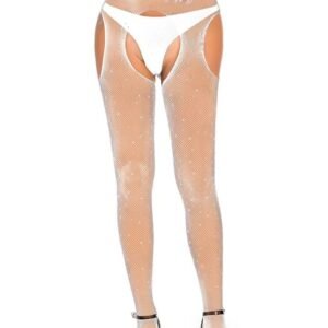 Sexy White Crotchless Sparkly Rhinestone Fishnet Cut Out Open Butt Tights