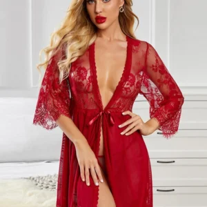 Lush Red Plunge Lacy Mesh Robe Set