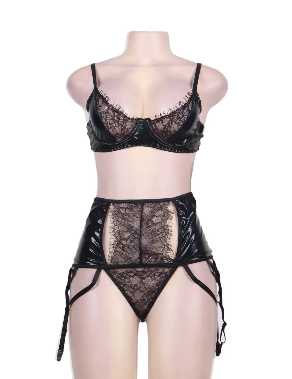 Sexy Black Wet PVC Look Lace Eyelash Garter Bra Set - Image 3