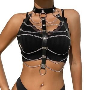 Punk Layered Body Chain Black Leather Bra Caged Harness Choker Bra Chains