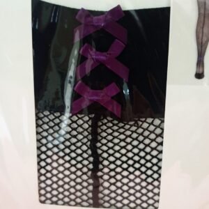 Vintage Pop My Cherry Black Fishnet Back Seam Stockings WIth Purple Bows
