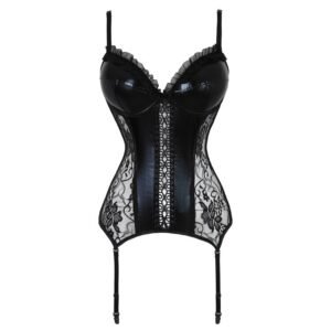 Black Wet Look Leather & Lace Boned Corset Set