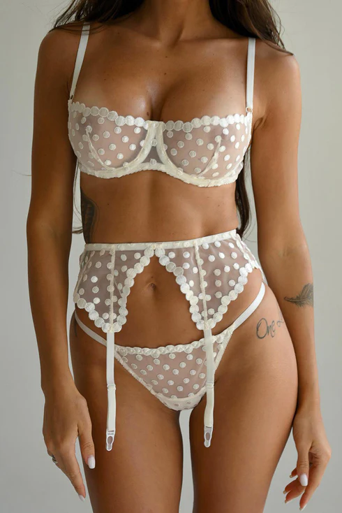 White Polka Dot Garter Bra Set - Image 4