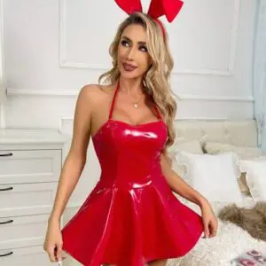 Red Halter PVC Dress Costume With Bunny Ears